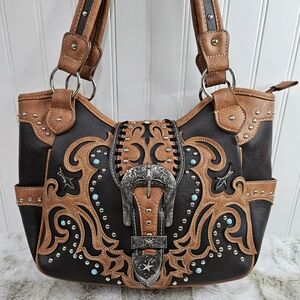 Elegant Black and Brown Embellished Shoulder Bag
